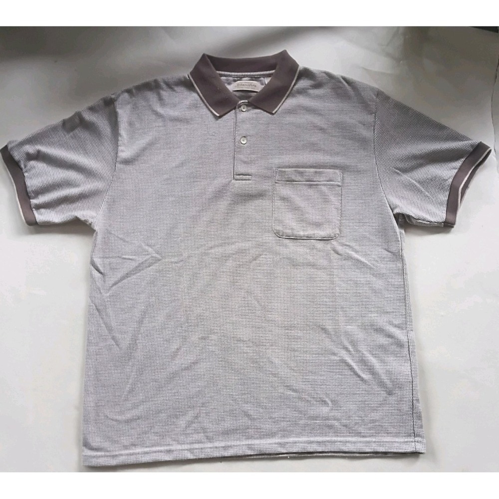 St. John's Bay Mens vtg XL Polo Shirt Gray Brown Houndstooth Short Sleeve Pocket